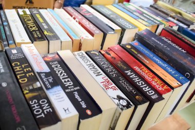 Yeni Delhi, Hindistan, Eylül 09 2023 - Delhi Uluslararası Kitap Fuarı 'ndaki bir kitap standında raflarda bulunan çeşitli kitaplar, Yıllık Kitap Fuarı' nda sergilenen kitaplar.