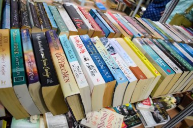 Yeni Delhi, Hindistan, Eylül 09 2023 - Delhi Uluslararası Kitap Fuarı 'ndaki bir kitap standında raflarda bulunan çeşitli kitaplar, Yıllık Kitap Fuarı' nda sergilenen kitaplar.