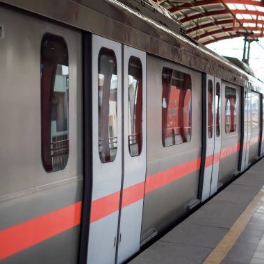 Yeni Delhi Hindistan - 09 Ekim 2023 - Delhi Metro treni Yeni Delhi, Hindistan, Asya 'daki Jhandewalan metro istasyonuna varıyor.
