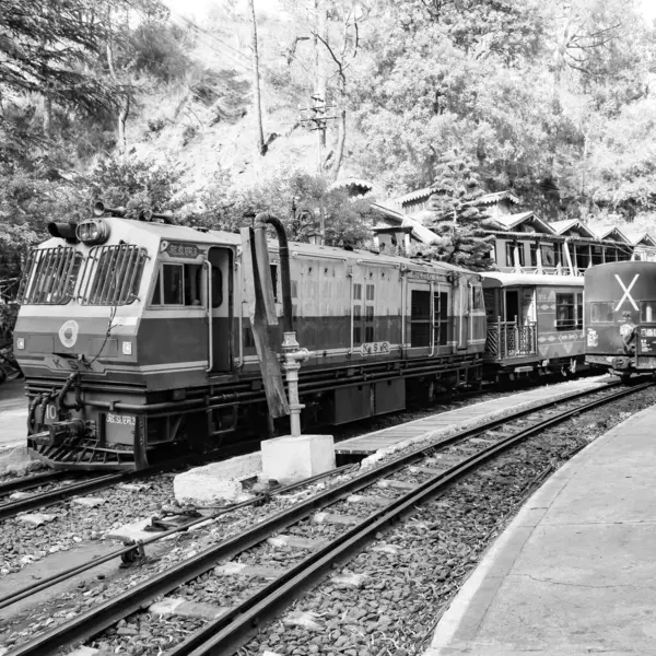 Shimla, Himachal Pradesh, Hindistan - 14 Ağustos 2023 - Oyuncak tren Kalka-Shimla rotası, tepe, oyuncak tren Kalka 'dan Shimla' ya yeşil doğal orman arasında hareket