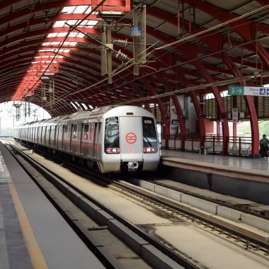 Yeni Delhi Hindistan - 09 Ekim 2023 - Delhi Metro treni Yeni Delhi, Hindistan, Asya 'daki Jhandewalan metro istasyonuna varıyor.