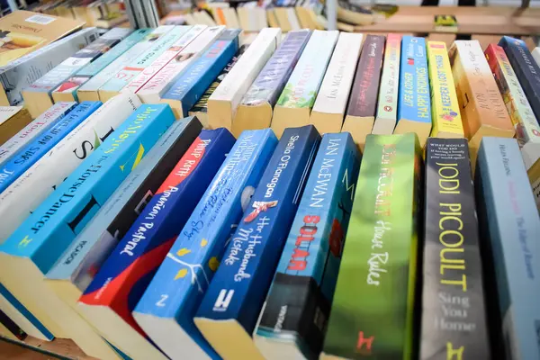 Yeni Delhi, Hindistan, Eylül 09 2023 - Delhi Uluslararası Kitap Fuarı 'ndaki bir kitap standında raflarda bulunan çeşitli kitaplar, Yıllık Kitap Fuarı' nda sergilenen kitaplar.