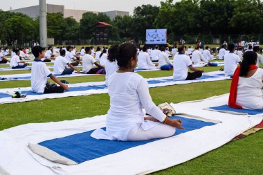 Yeni Delhi, Hindistan, 21 Haziran 2023 - Uluslararası Yoga Günü 'nde Delhi' deki Yamuna Spor Kompleksi 'nde grup Yoga egzersiz oturumu, kriket stadyumunda yoga derslerine katılan büyük bir grup yetişkin