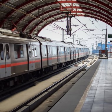 Yeni Delhi Hindistan - 09 Ekim 2023 - Delhi Metro treni Yeni Delhi, Hindistan, Asya 'daki Jhandewalan metro istasyonuna varıyor.