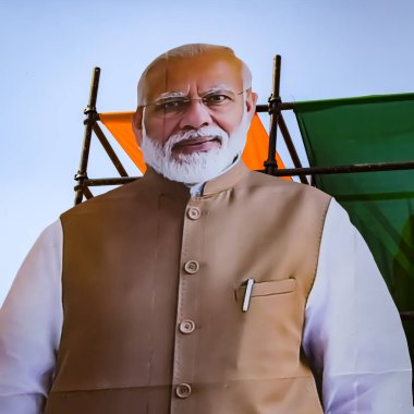 Yeni Delhi, Hindistan - 17 Şubat 2024 - Başbakan Narendra Modi, Başkentteki büyük bir seçim mitingine katılırken başbakan Modi 'nin heykeli