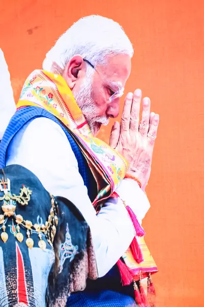 stock image New Delhi, India - February 17 2024 - Prime Minister Narendra Modi cut out during BJP road show, the poster of PM Modi while attending a big election rally in the capital