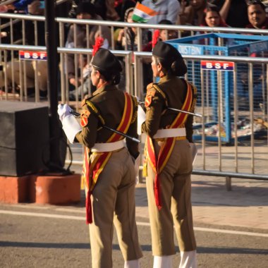 Wagah Border, Amritsar, Punjab, India, 02 February 2024 - Flag ceremony by Border Security Force BSF guards at India-Pakistan border near Attari Amritsar, Punjab, India held every day evening time clipart