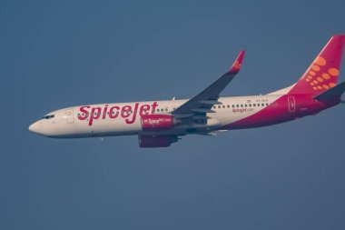 Yeni Delhi, Hindistan, 25 Aralık 2023 - Spicejet Airbus A320 Indra Gandhi Uluslararası Havalimanı Delhi, Spicejet iç uçakları gündüz mavi gökyüzünde uçuyor