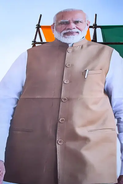 stock image New Delhi, India - February 17 2024 - Prime Minister Narendra Modi cut out during BJP road show, the poster of PM Modi while attending a big election rally in the capital