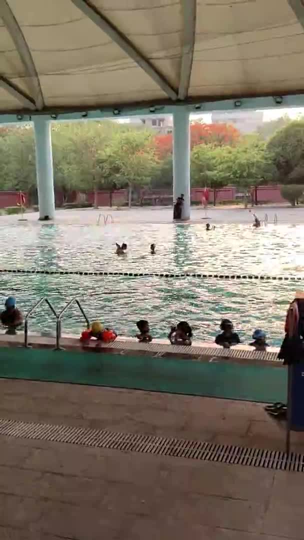 2024年5月1日 印度新德里 一组身份不明的人白天在大游泳池进行游泳教练训练 另一组人在体育场的大游泳池里游泳 — 图库视频影像