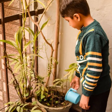 Şirin 5 yaşındaki Asyalı çocuk, ev balkonundaki saksıları suluyor. Bitkileri sularken küçük tatlı bir çocuğun doğaya olan sevgisi.