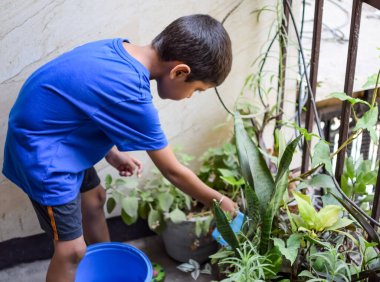 Şirin 5 yaşındaki Asyalı çocuk, ev balkonundaki saksıları suluyor. Bitkileri sularken küçük tatlı bir çocuğun doğaya olan sevgisi.