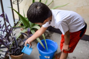 Şirin 5 yaşındaki Asyalı çocuk, ev balkonundaki saksıları suluyor. Bitkileri sularken küçük tatlı bir çocuğun doğaya olan sevgisi.