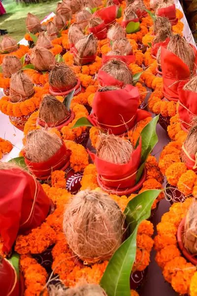 stock image Kalash with coconut and mango leaf with floral decoration earthen pots containing sacred water. Kalash for hindu puja during Jagannath Temple Mangal Kalash Yatra, front view, closeup