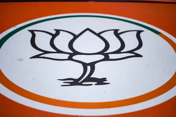 stock image New Delhi, India - May 23 2024 - Bharatiya Janata Party Logo of Indian political party, BJP Bhartiya Janta Party Symbol during PM road show in Delhi, India, BJP Sign and Symbol