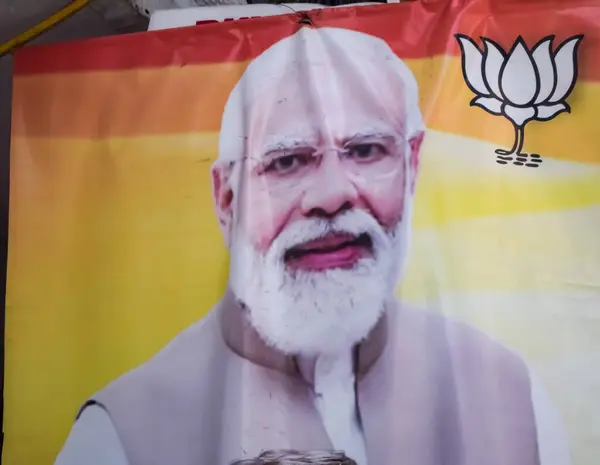 stock image New Delhi, India - May 17 2024 - Prime Minister Narendra Modi cut out during BJP road show, the poster of PM Modi while attending a big election rally in the capital