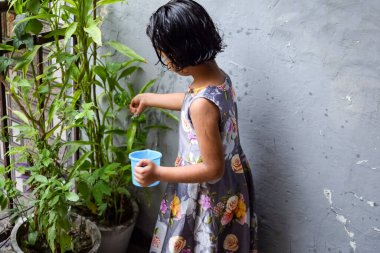 Şirin 5 yaşındaki Asyalı küçük kız, ev balkonundaki saksıları suluyor, bitkileri sularken doğa anaya duyulan sevgi, çocuk yetiştirme.