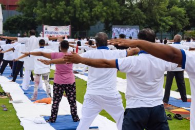 Uluslararası Yoga Günü 'nde Delhi' deki kriket stadyumunda farklı yaş gruplarından insanlar için grup Yoga egzersiz oturumu.