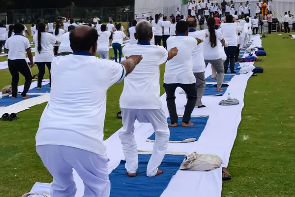 Uluslararası Yoga Günü 'nde Delhi' deki kriket stadyumunda farklı yaş gruplarından insanlar için grup Yoga egzersiz oturumu.