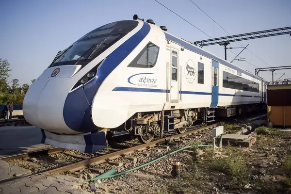 stock image Delhi, India, June 09 2024 - Vande Bharat Express train going from Delhi towards Dehradun from Anand Vihar railway station, Vande Bharat fastest Train of India