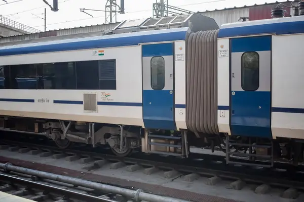 stock image Delhi, India, June 09 2024 - Vande Bharat Express train going from Delhi towards Dehradun from Anand Vihar railway station, Vande Bharat fastest Train of India