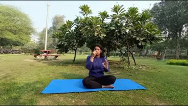 Young Indian woman practicing yoga outdoor in a park. Beautiful girl practice basic yoga pose. Calmness and relax, female happiness. Basic Yoga poses outdoor 