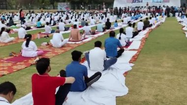Yeni Delhi, Hindistan, 21 Haziran 2024 - Uluslararası Yoga Günü 'nde Delhi' deki Yamuna Spor Kompleksi 'nde grup Yoga egzersiz oturumu, kriket stadyumunda yoga sınıfına katılan büyük bir grup yetişkin