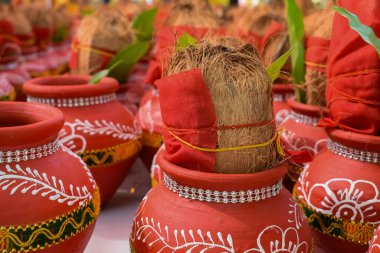 Hindistan cevizli kalaş ve çiçek desenli mango yaprağı içinde kutsal su bulunan toprak kapları. Jagannath Tapınağı sırasında Hindu puja için Kalaş Mangal Kalash Yatra, ön manzara, yakın çekim