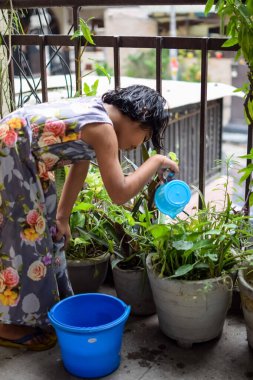Şirin 5 yaşındaki Asyalı küçük kız, ev balkonundaki saksıları suluyor, bitkileri sularken doğa anaya duyulan sevgi, çocuk yetiştirme.