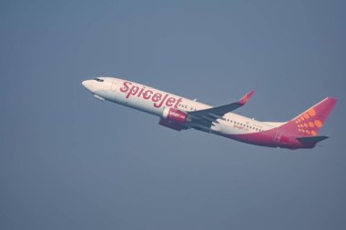 Yeni Delhi, Hindistan, 10 Haziran 2024 - Spicejet Airbus A320 Indra Gandhi Uluslararası Havalimanı Delhi, Spicejet iç uçağı gündüz mavi gökyüzünde uçuyor