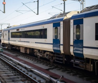 Delhi, Hindistan, Haziran 09 2024 - Vande Bharat Ekspres treni Delhi 'den Anand Vihar tren istasyonundan Dehradun' a gidiyor, Vande Bharat Hindistan 'ın en hızlı treni
