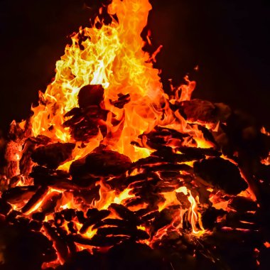 Siyah arka planda alevler, alev alev dokusu arka planda, çok güzel, ateş yanıyor, ateş odun ve inek gübresi ateşiyle yanıyor.