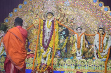 Delhi, India, October 09,2024 - Goddess Durga with traditional look in close up view in Jhilmil Colony Delhi, Durga Puja Idol, A biggest Hindu festival in India clipart