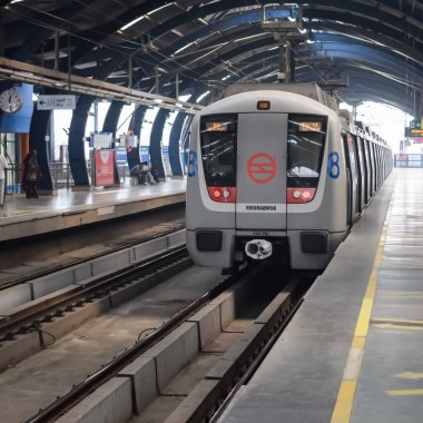 Yeni Delhi, Hindistan, 12 Ağustos 2024 - Delhi treni Yeni Delhi, Hindistan, Asya 'daki Jhandewalan metro istasyonuna varıyor.