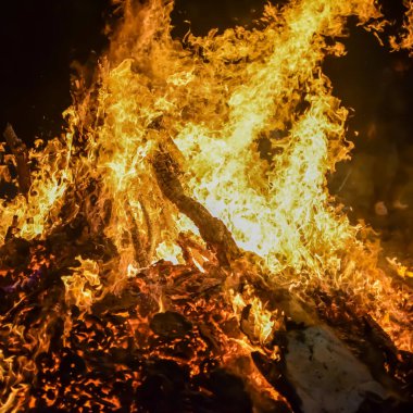Siyah arka planda alevler, alev alev dokusu arka planda, çok güzel, ateş yanıyor, ateş odun ve inek gübresi ateşiyle yanıyor.