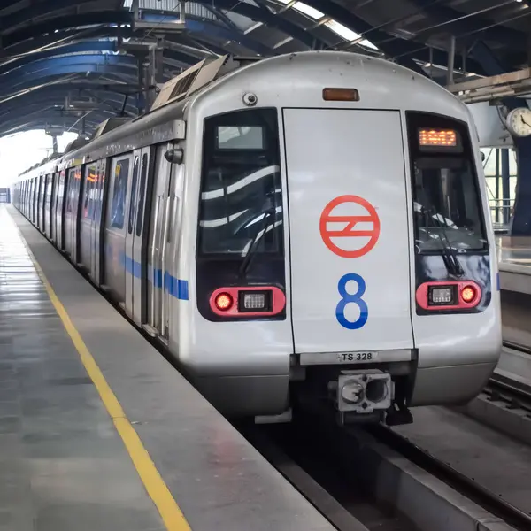 Yeni Delhi, Hindistan, 12 Ağustos 2024 - Delhi treni Yeni Delhi, Hindistan, Asya 'daki Jhandewalan metro istasyonuna varıyor.