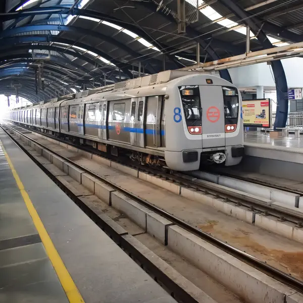 Yeni Delhi, Hindistan, 12 Ağustos 2024 - Delhi treni Yeni Delhi, Hindistan, Asya 'daki Jhandewalan metro istasyonuna varıyor.