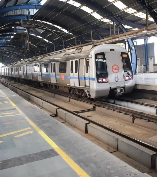 Yeni Delhi, Hindistan, 12 Ağustos 2024 - Delhi treni Yeni Delhi, Hindistan, Asya 'daki Jhandewalan metro istasyonuna varıyor.