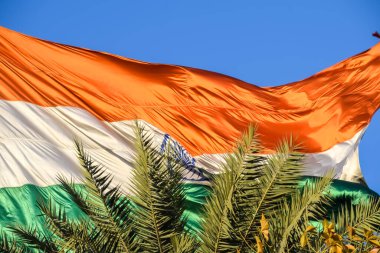 India flag flying high at Connaught Place with pride with plain white background, India flag fluttering, Indian Flag on Independence Day and Republic Day of India, tilt up shot, Har Ghar Tiranga