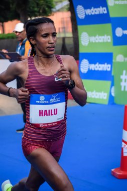 Yeni Delhi, Hindistan - 20 Ekim 2024 - Bitmek üzere olan maraton katılımcılarının bitiş çizgisini geçmek üzere olan Delhi Yarı Maratonu 2024