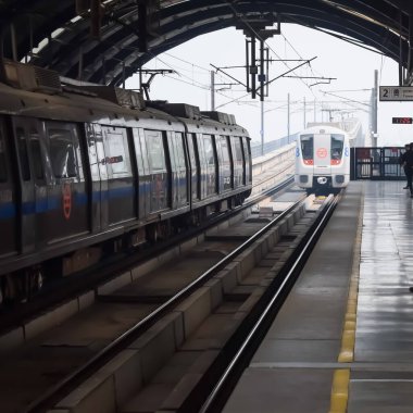 Yeni Delhi, Hindistan, 12 Ağustos 2024 - Delhi treni Yeni Delhi, Hindistan, Asya 'daki Jhandewalan metro istasyonuna varıyor.