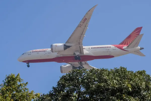 Yeni Delhi, Hindistan, 10 Kasım 2024 - Indra Gandhi Uluslararası Havalimanı Delhi 'den kalkan Air India Airbus A320, gündüz vakti mavi gökyüzünde uçan Hindistan iç uçağı
