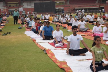 Yeni Delhi, Hindistan, 21 Haziran 2024 - Uluslararası Yoga Günü 'nde Delhi' deki Yamuna Spor Kompleksi 'nde grup Yoga egzersiz oturumu, kriket stadyumunda yoga sınıfına katılan büyük bir grup yetişkin