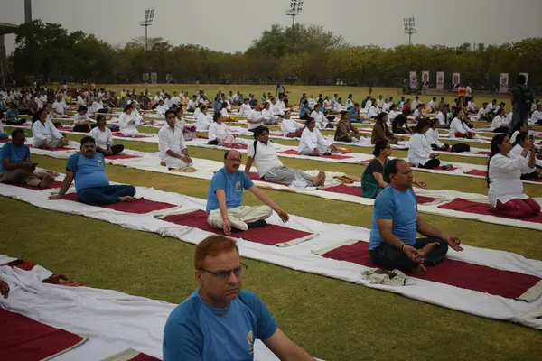 Yeni Delhi, Hindistan, 21 Haziran 2024 - Uluslararası Yoga Günü 'nde Delhi' deki Yamuna Spor Kompleksi 'nde grup Yoga egzersiz oturumu, kriket stadyumunda yoga sınıfına katılan büyük bir grup yetişkin