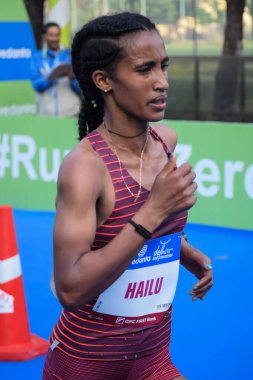 Yeni Delhi, Hindistan - 20 Ekim 2024 - Bitmek üzere olan maraton katılımcılarının bitiş çizgisini geçmek üzere olan Delhi Yarı Maratonu 2024