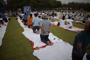 Yeni Delhi, Hindistan, 21 Haziran 2025 - Uluslararası Yoga Günü 'nde Delhi' deki Yamuna Spor Kompleksi 'nde grup Yoga egzersiz oturumu, kriket stadyumunda yoga sınıfına katılan büyük bir grup yetişkin