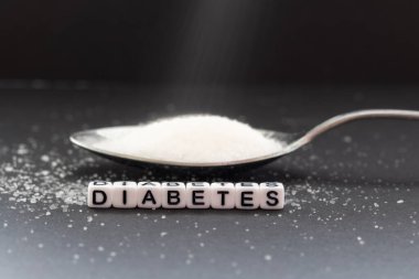 The name Diabetes created by white beads on a gray background. There is a spoon with sugar in the back. clipart