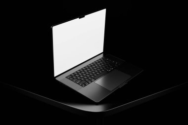Siyah Macbook profosyonel koyu temalı. Boş beyaz ekran dizüstü bilgisayar modeli