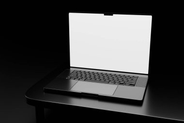 Siyah Macbook profosyonel koyu temalı. Boş beyaz ekran dizüstü bilgisayar modeli