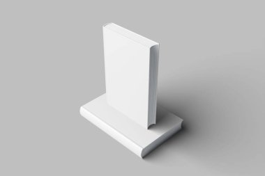 Açık gri arka planda yüzen üç beyaz ciltli kitap. Temiz ve modern stil, kitap kapağı modelleri ve tasarım projeleri için ideal.